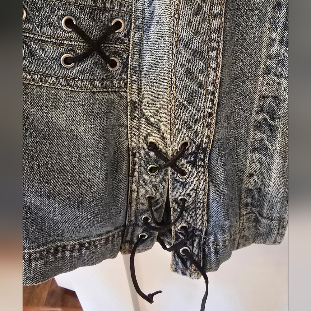 Denim&Co Denim Blue Lace-Up Jean Jacket With Harley Davidson Patches Size 22W - Picture 4 of 8